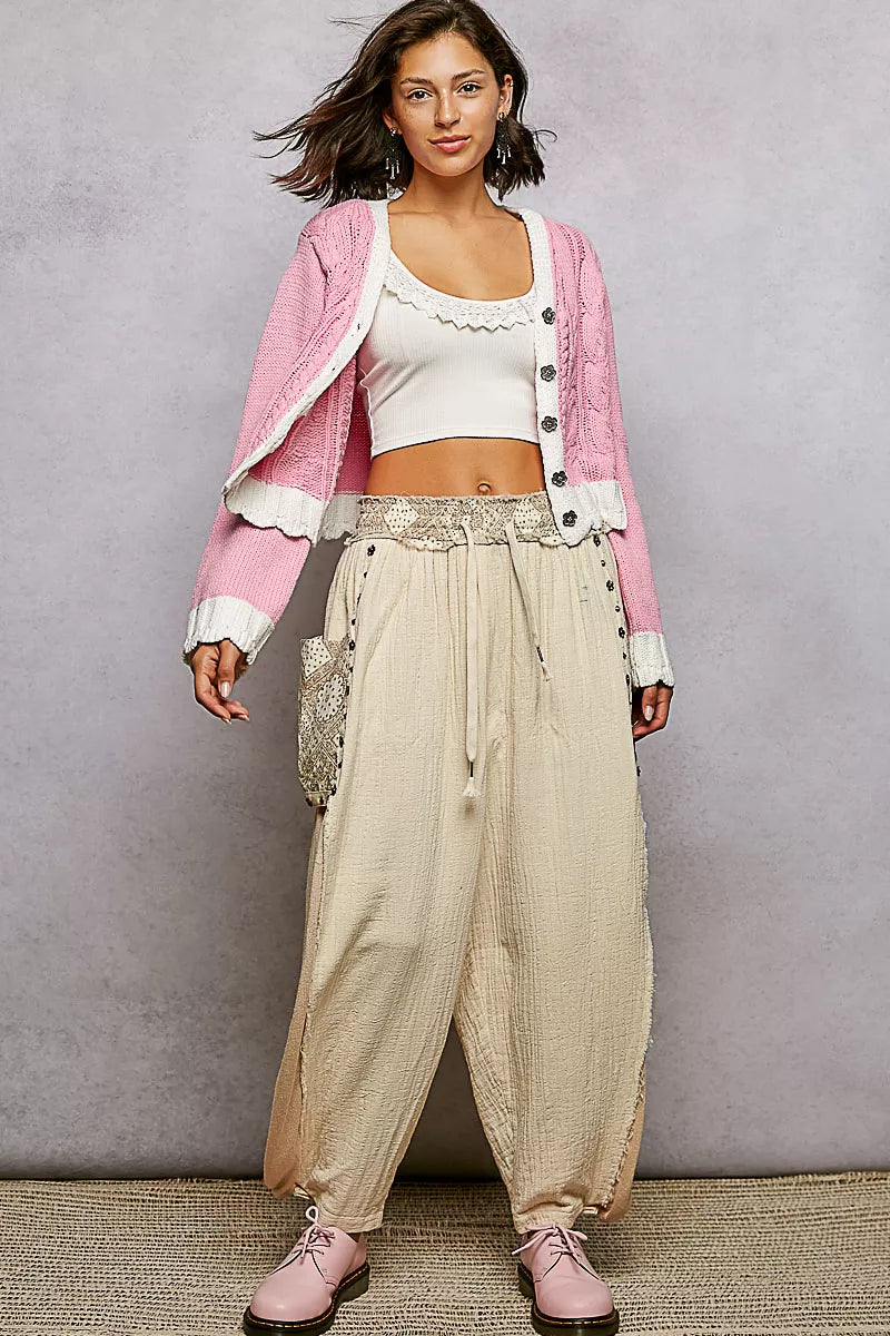 POL Button Down Cable-Knit Cardigan with Contrast Border Accents