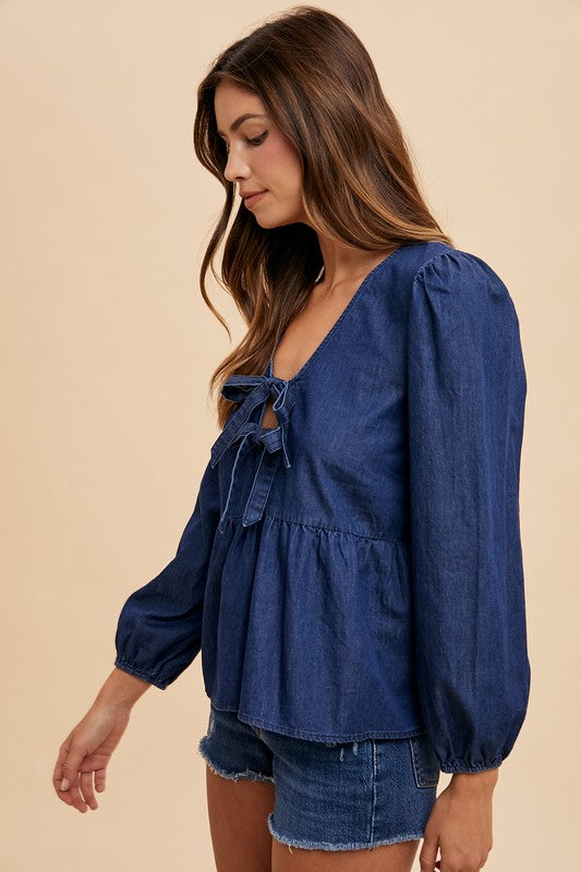 Shirts & Tops Annie Wear Tie Front Peplum Long Sleeve Denim Top