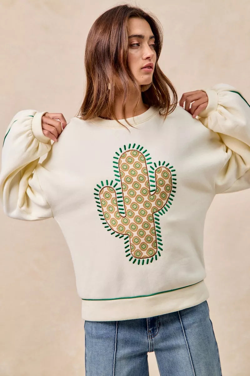BiBi Cactus Embroidered Fleece Sweatshirt