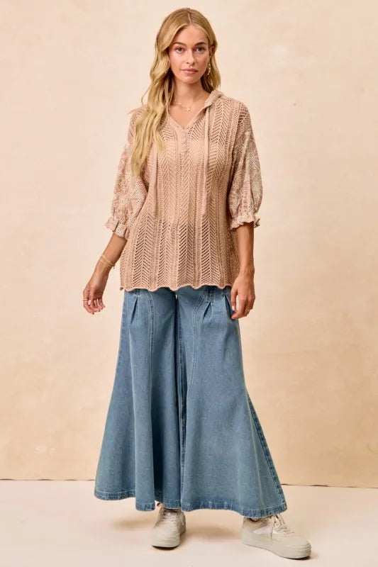 BiBi Jacquard Flower Puff Sleeve Hooded Knit Top