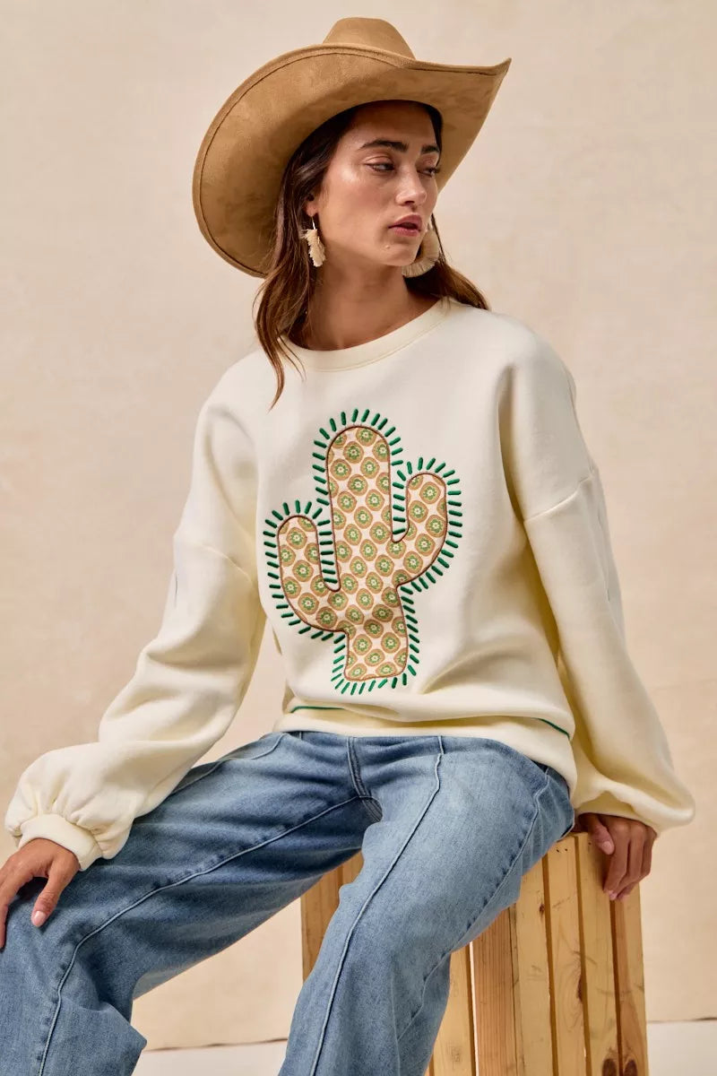 BiBi Cactus Embroidered Fleece Sweatshirt