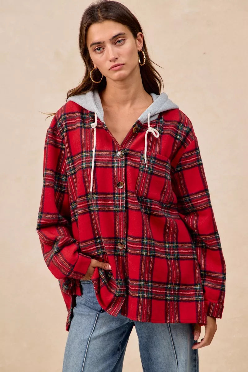 BiBi Brushed Plaid Hooded Jacket
