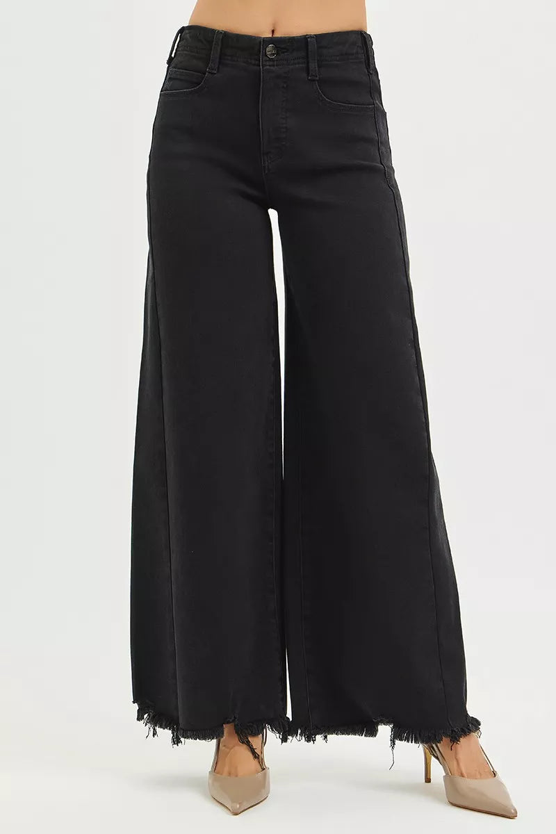 RISEN Tummy Control High Rise Palazzo Leg Frayed Hem Jeans