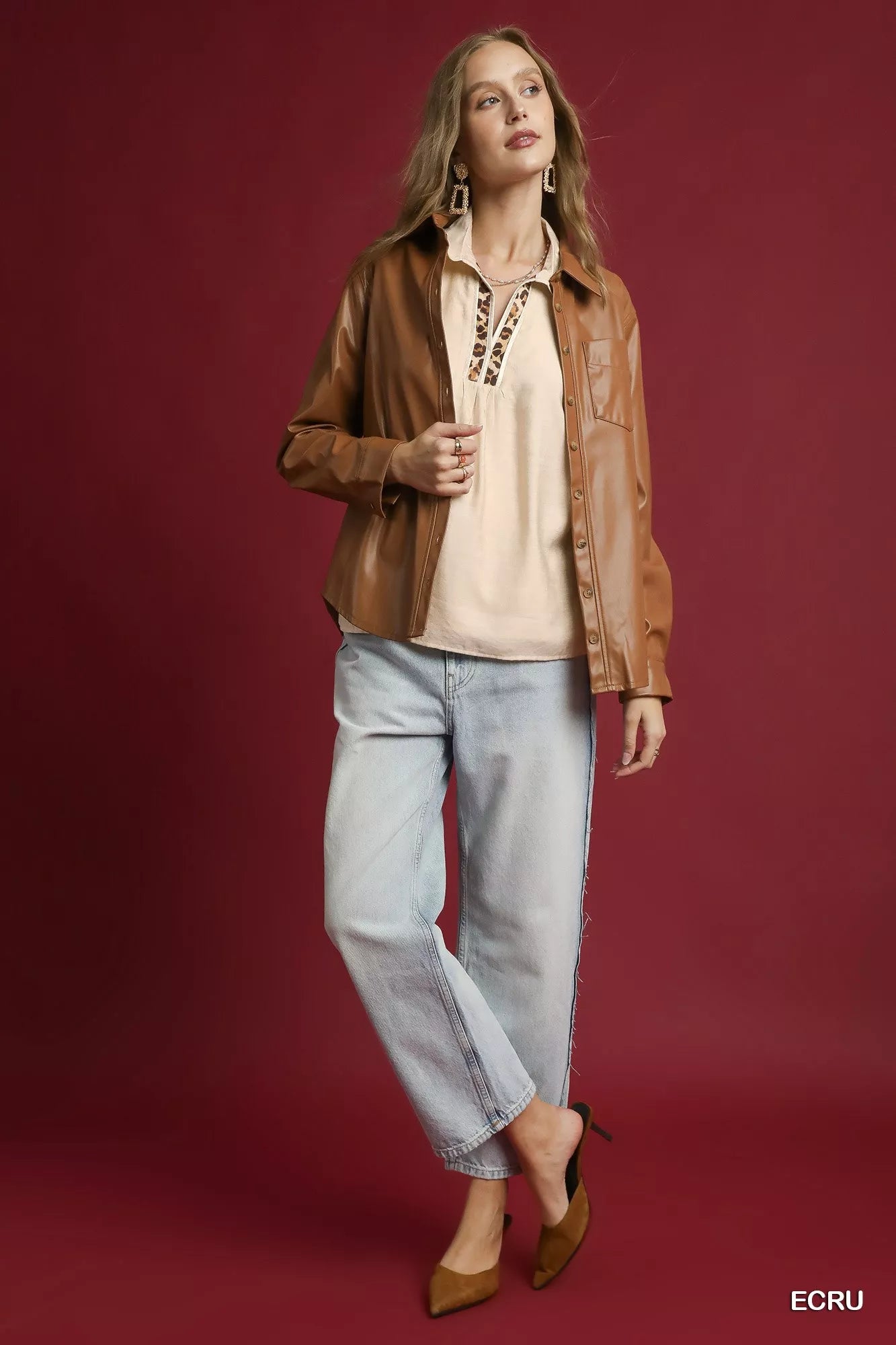 Umgee Long Sleeve Blouse with Leopard Print Trim