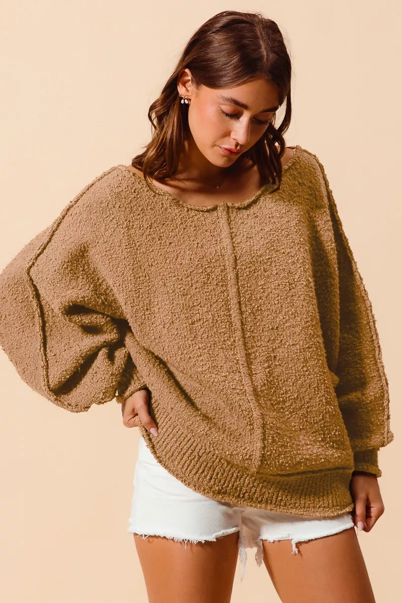 SO ME Loose Fit Exposed Seam Slouchy Boucle Sweater