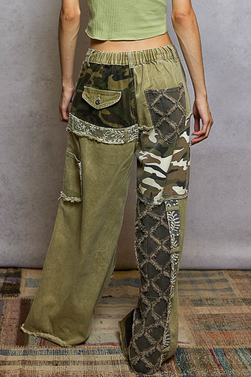 Camoflauge Patchwork Wide Leg Cargo Pants