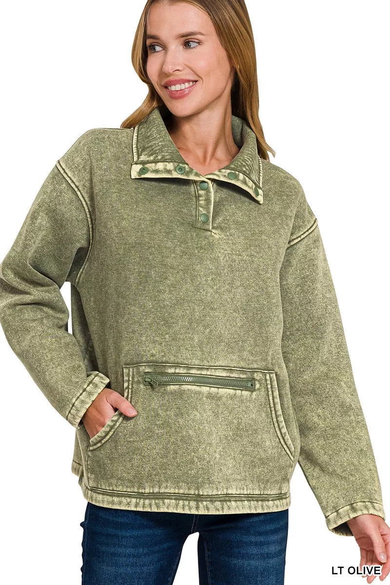 Zenana Fleece Washed High Neck Kangaroo Pocket Sweatshirt is