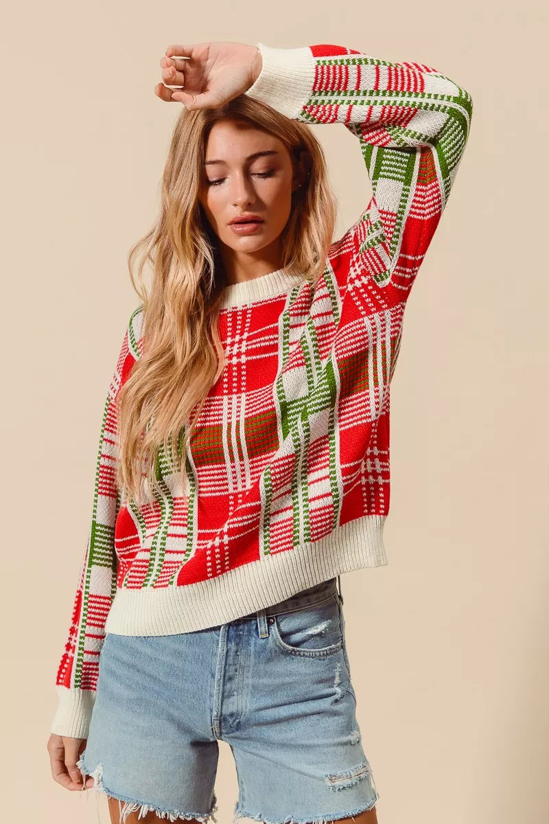SO ME Christmas Color Checkered Plaid Crew Neck Sweater