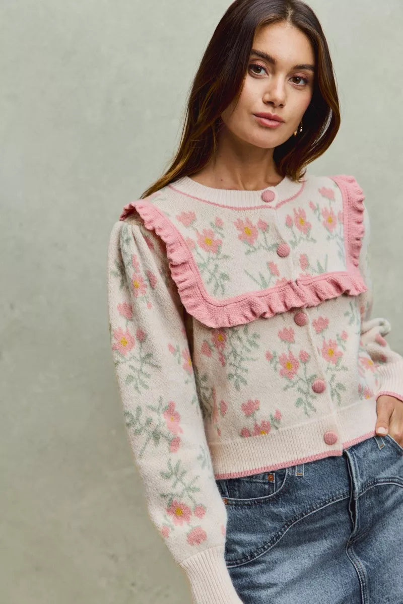 SO ME Flower With Ruffle Detailing Sweater Cardigan