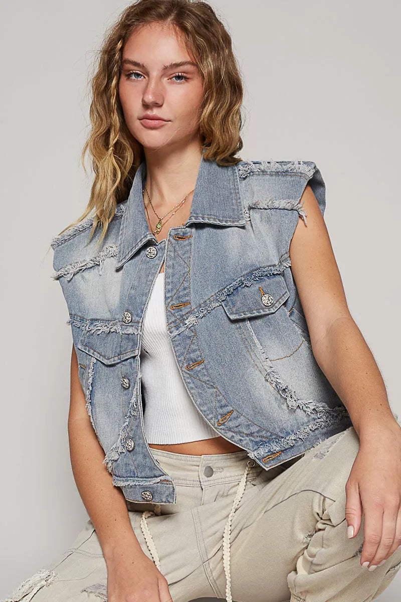 POL Assymetrical Front Closure Raw Hem Denim Vest