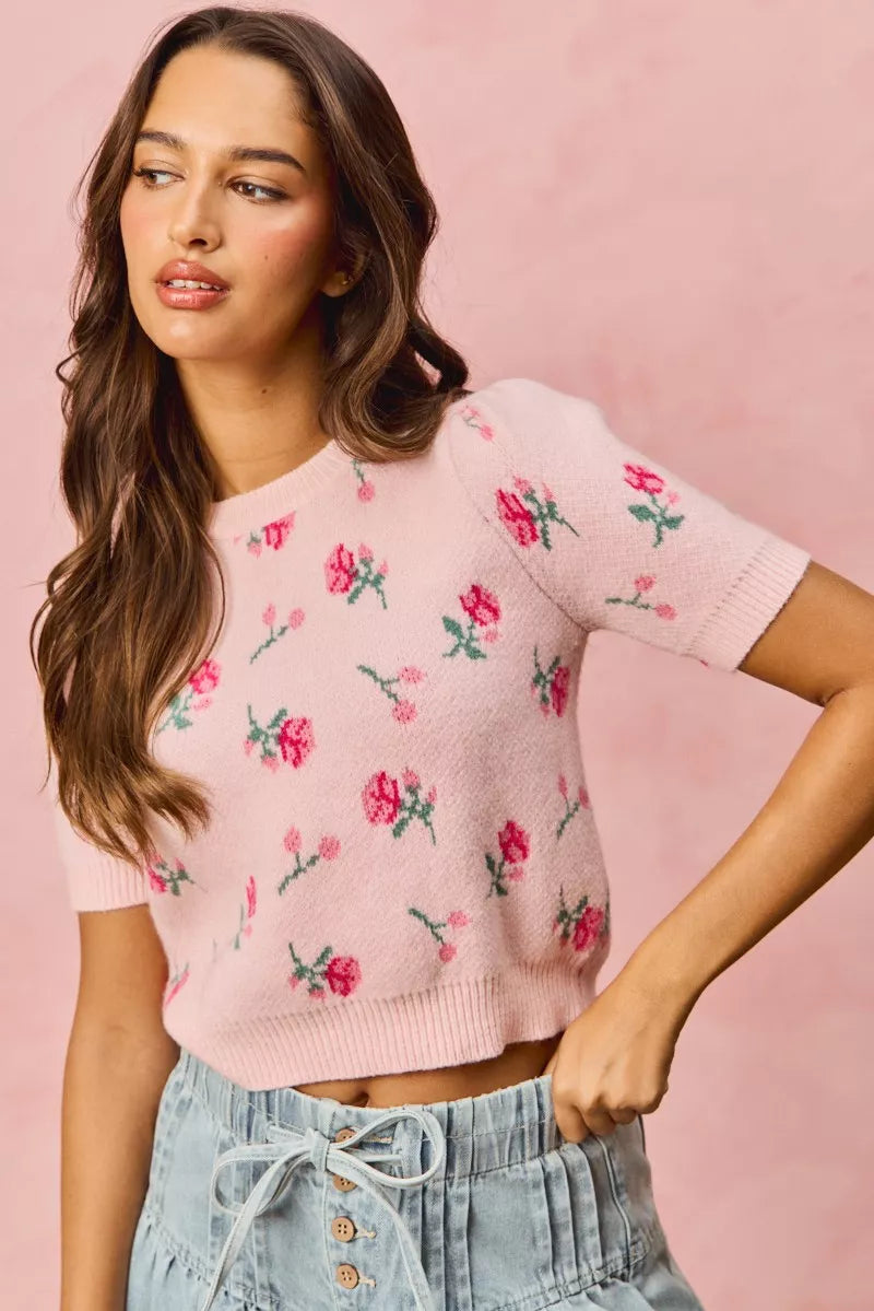 SO ME Floral Pattern Knit Puff Sleeves Sweater Top