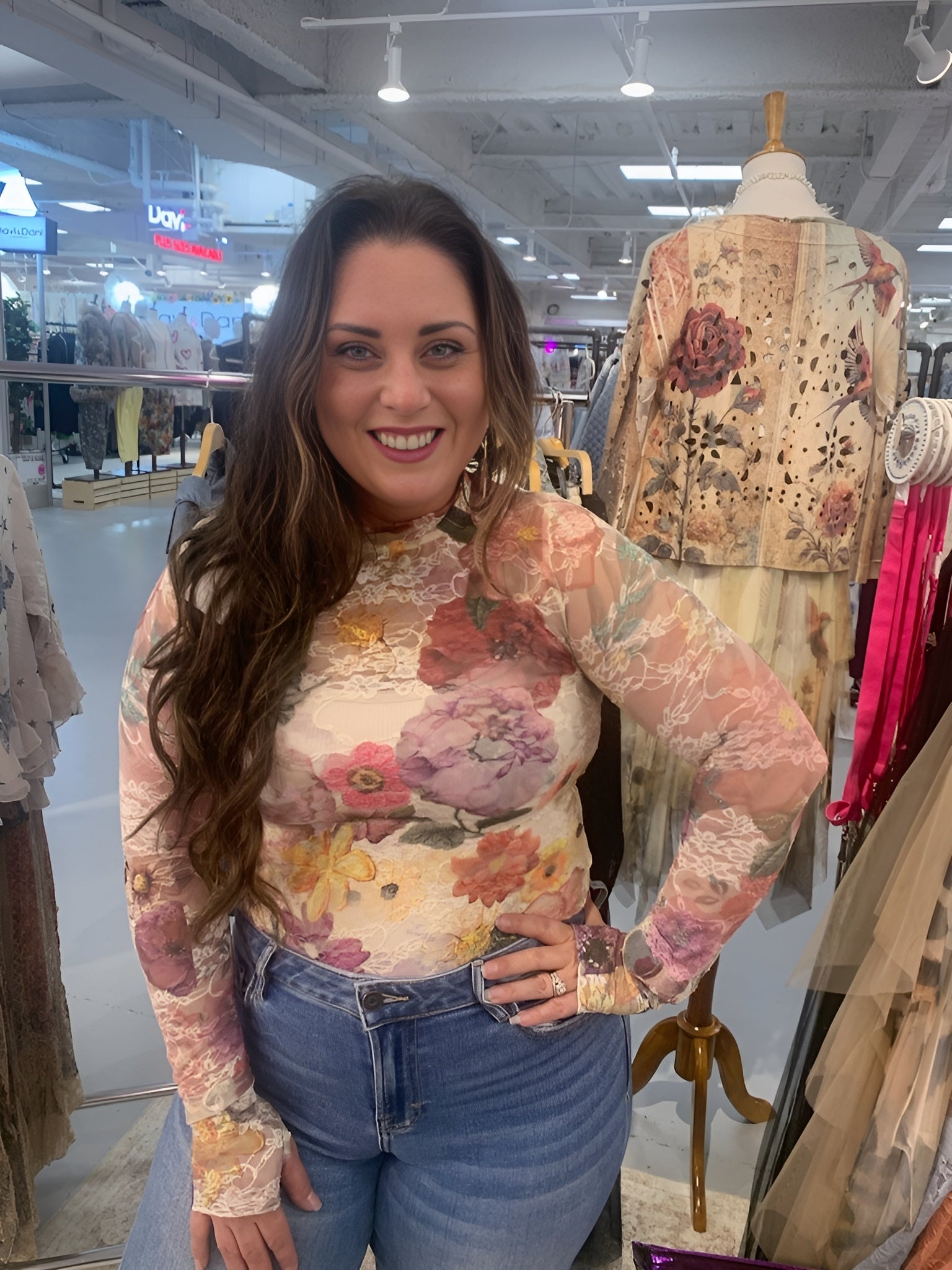 Sheer Flower Lace Mesh Long Sleeve Top