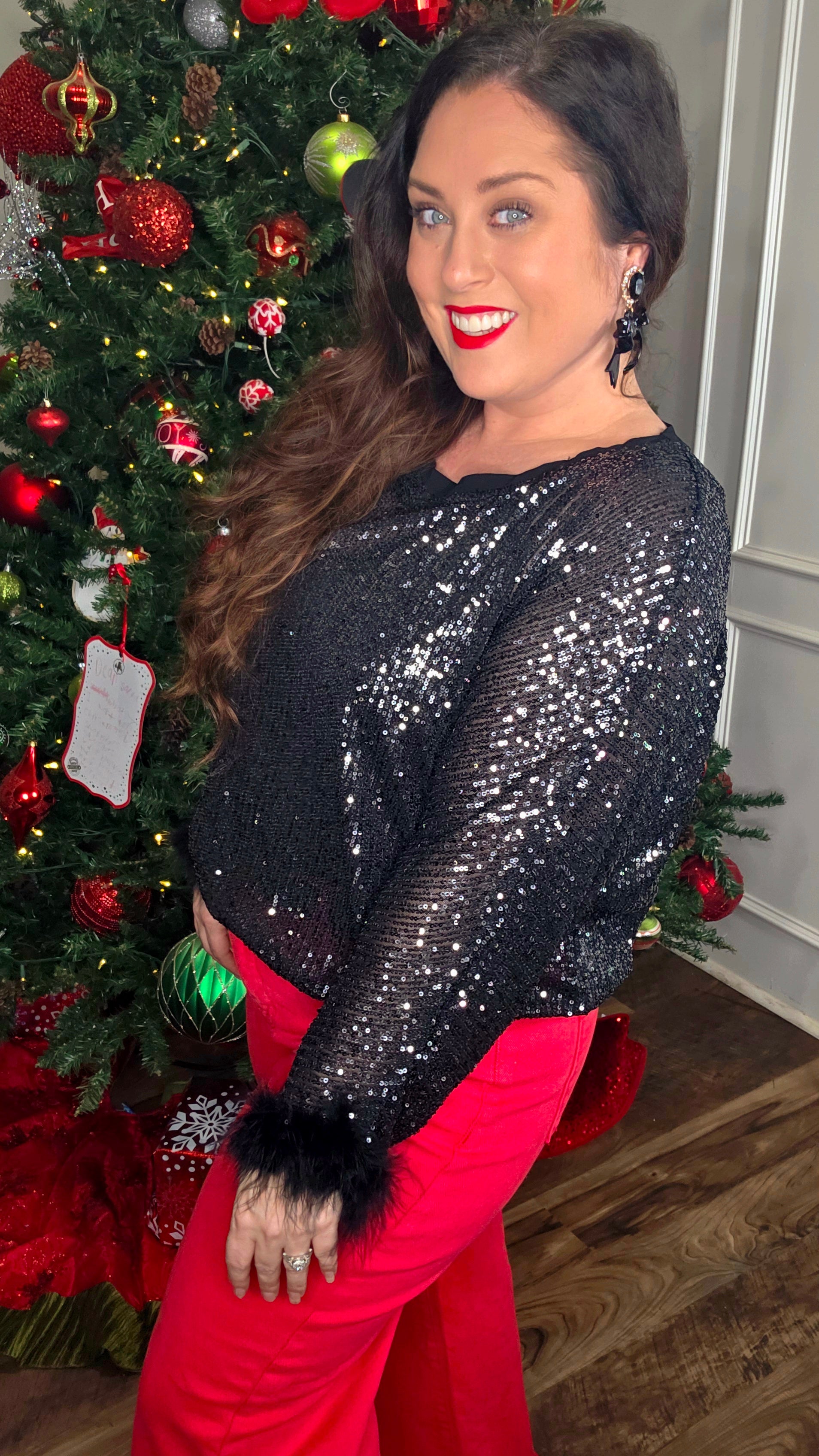 Black Sequin Top with Faux Feather Trimmed Sleeve