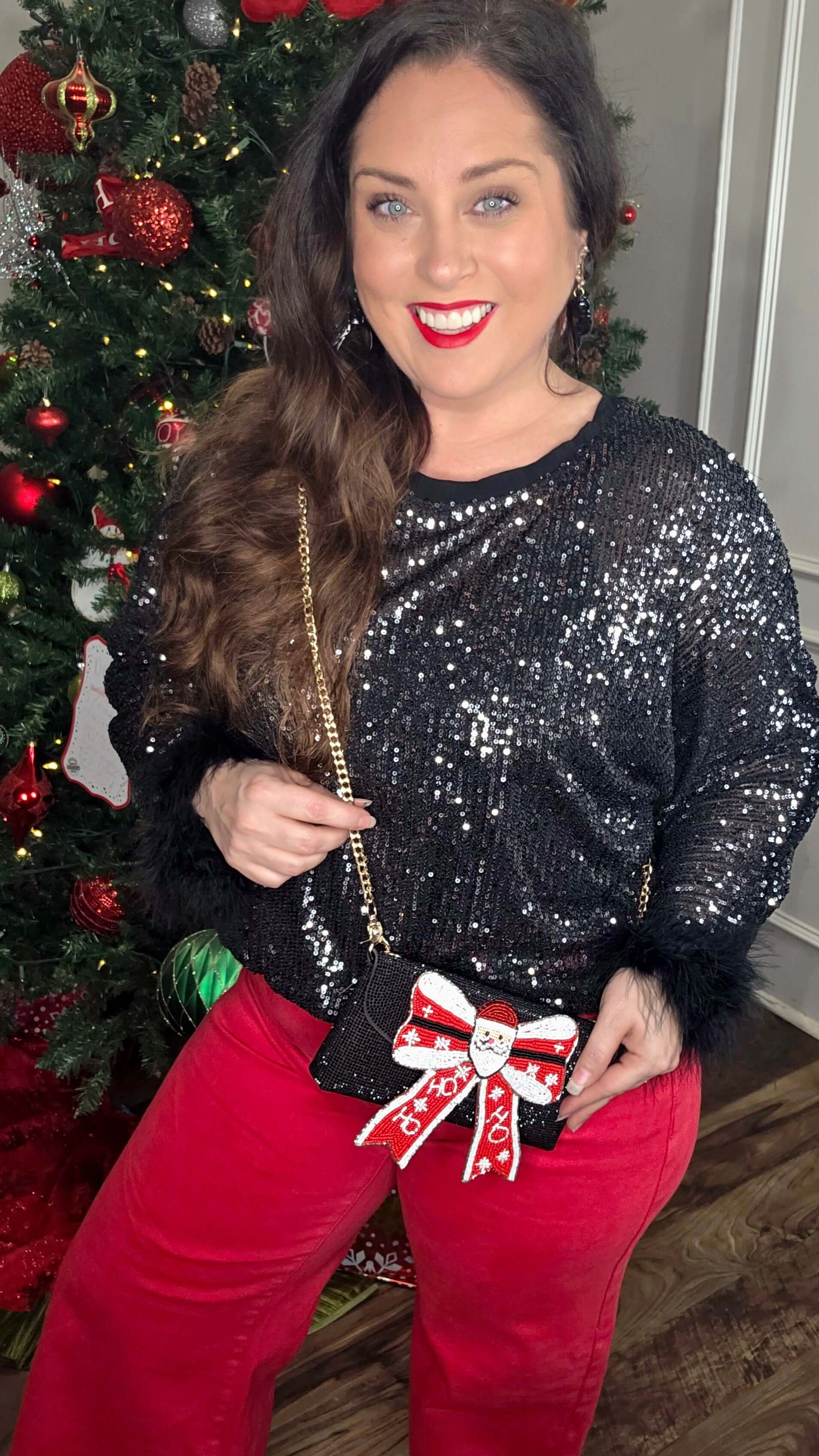 Black Sequin Top with Faux Feather Trimmed Sleeve