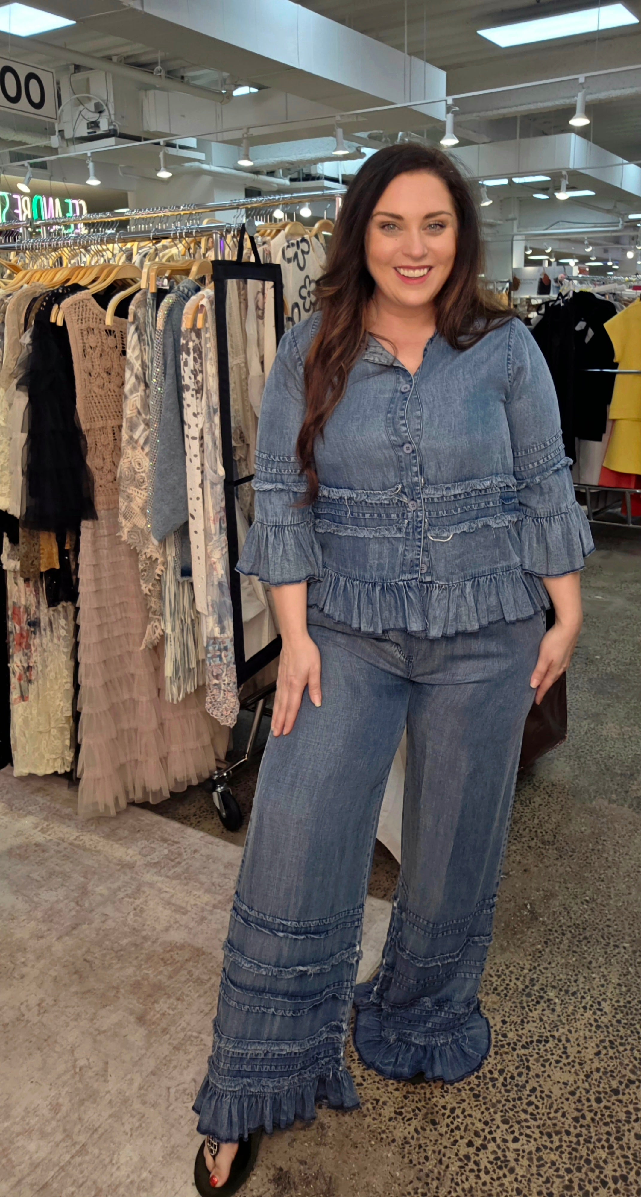 Ruffle Detail Chambray Pants