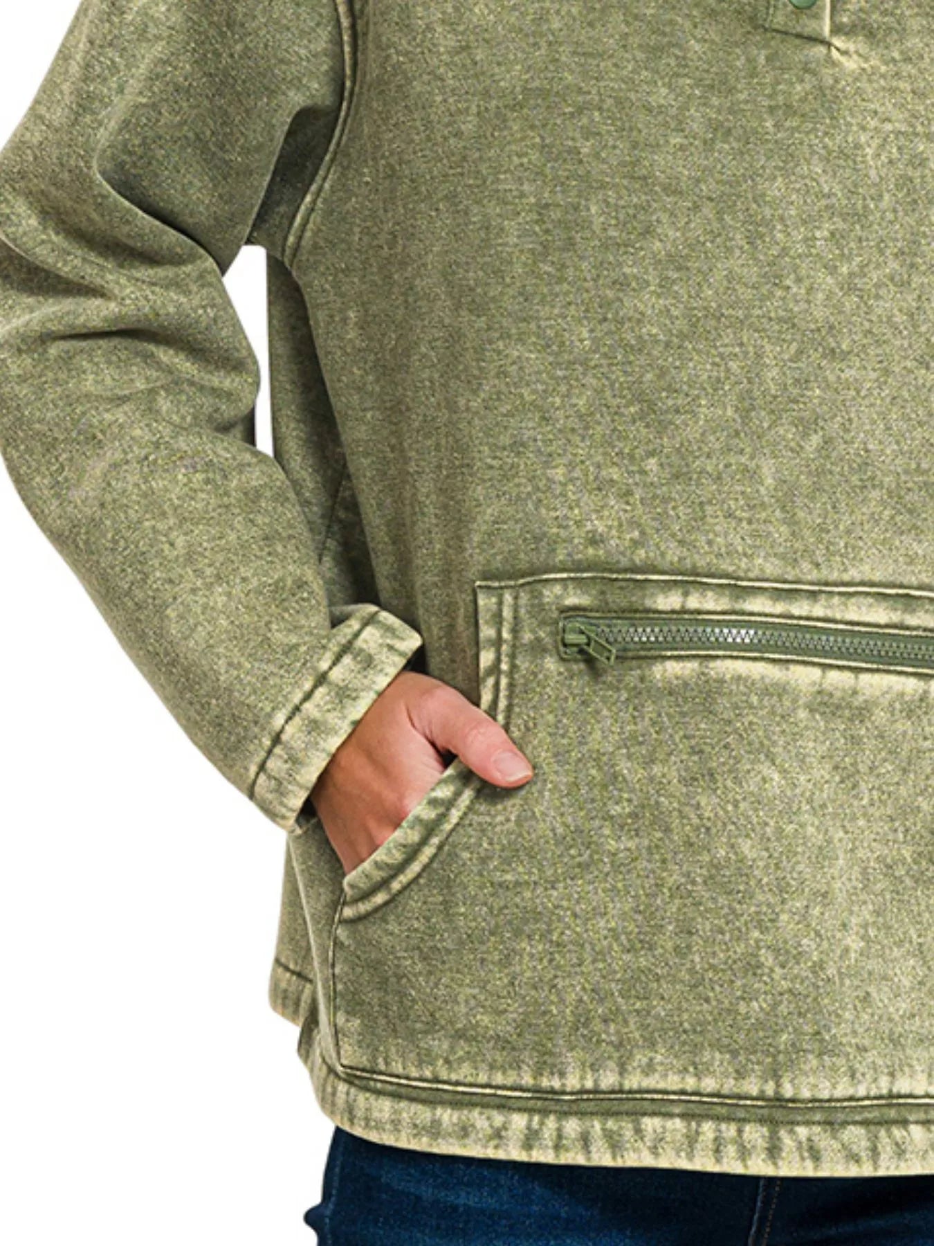 Zenana Fleece Washed High Neck Kangaroo Pocket Sweatshirt is