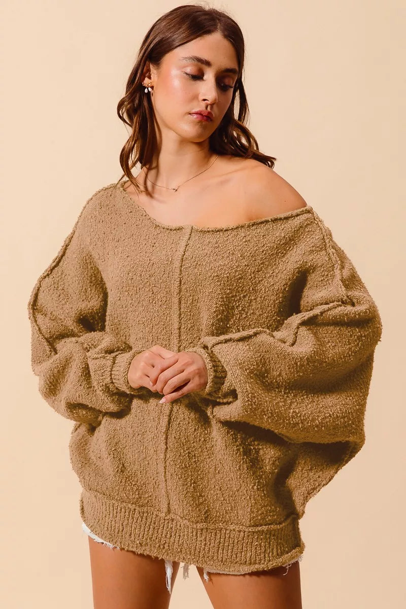 SO ME Loose Fit Exposed Seam Slouchy Boucle Sweater