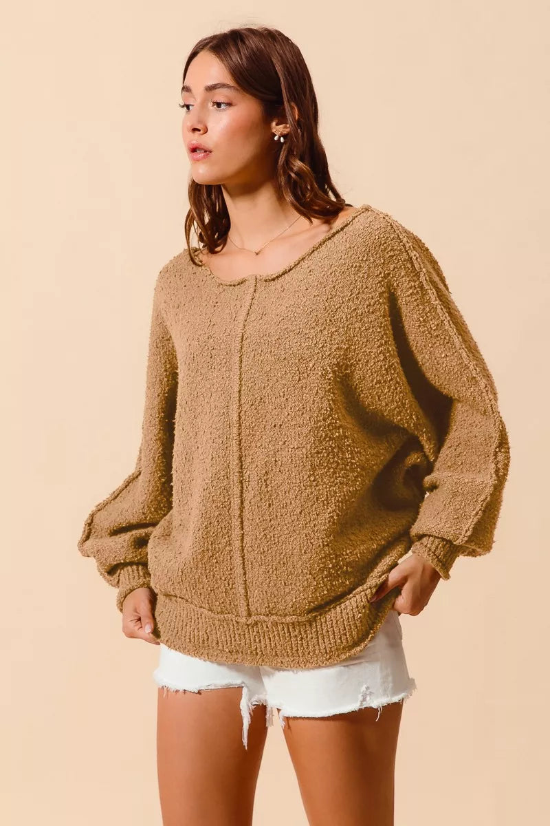 SO ME Loose Fit Exposed Seam Slouchy Boucle Sweater