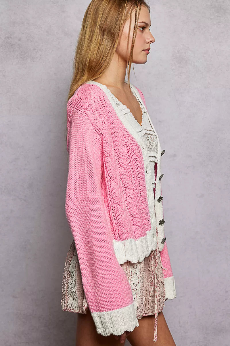 POL Button Down Cable-Knit Cardigan with Contrast Border Accents