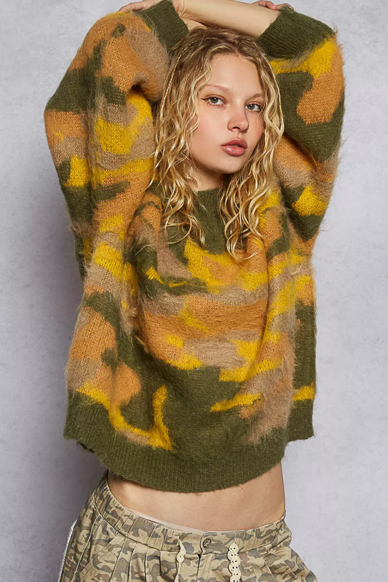 POL Mock Neck Abstract Colorblock Pattern Sweater