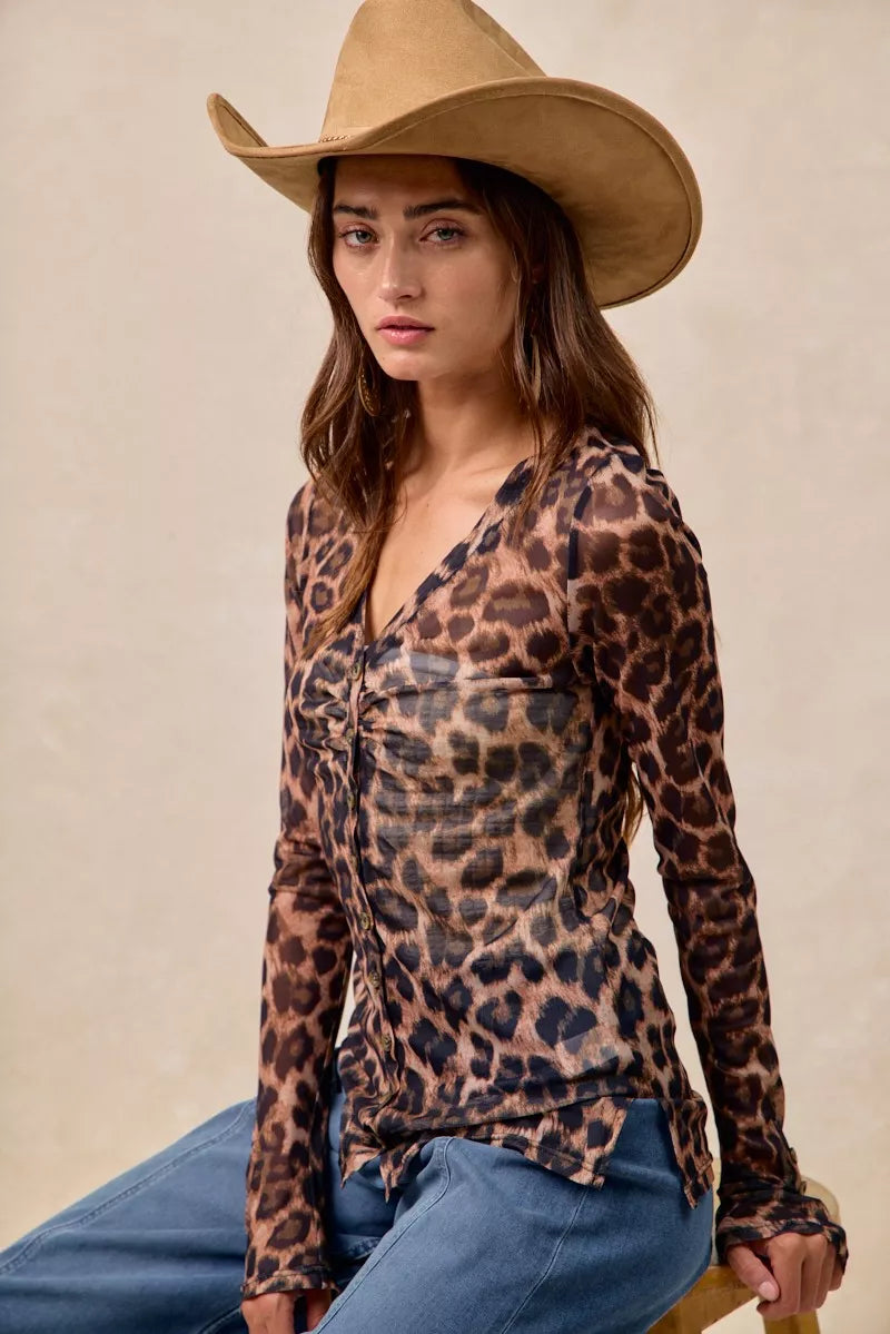 BiBi Leopard Printed Mesh Shirt With Button Up V Neck
