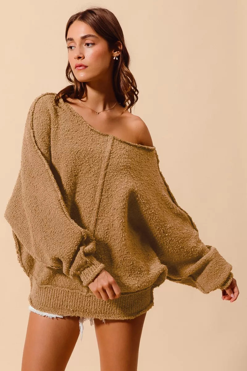 SO ME Loose Fit Exposed Seam Slouchy Boucle Sweater