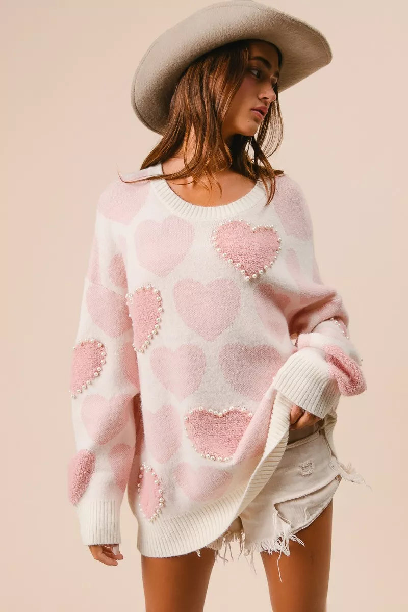 BiBi Heart Pattern Sweater with Pearl Detail
