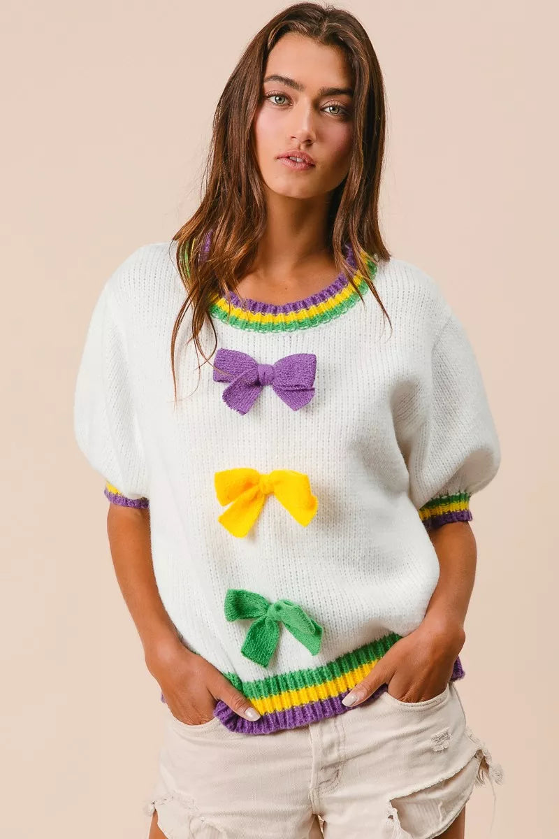 BiBi Short Puff Sleeve Ribbon Bow Mardi Gras Sweater