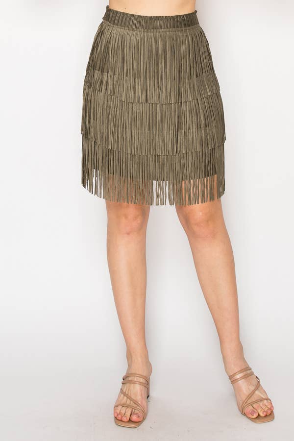 Olive Knee Length Layered Fringe Tiered Skirt