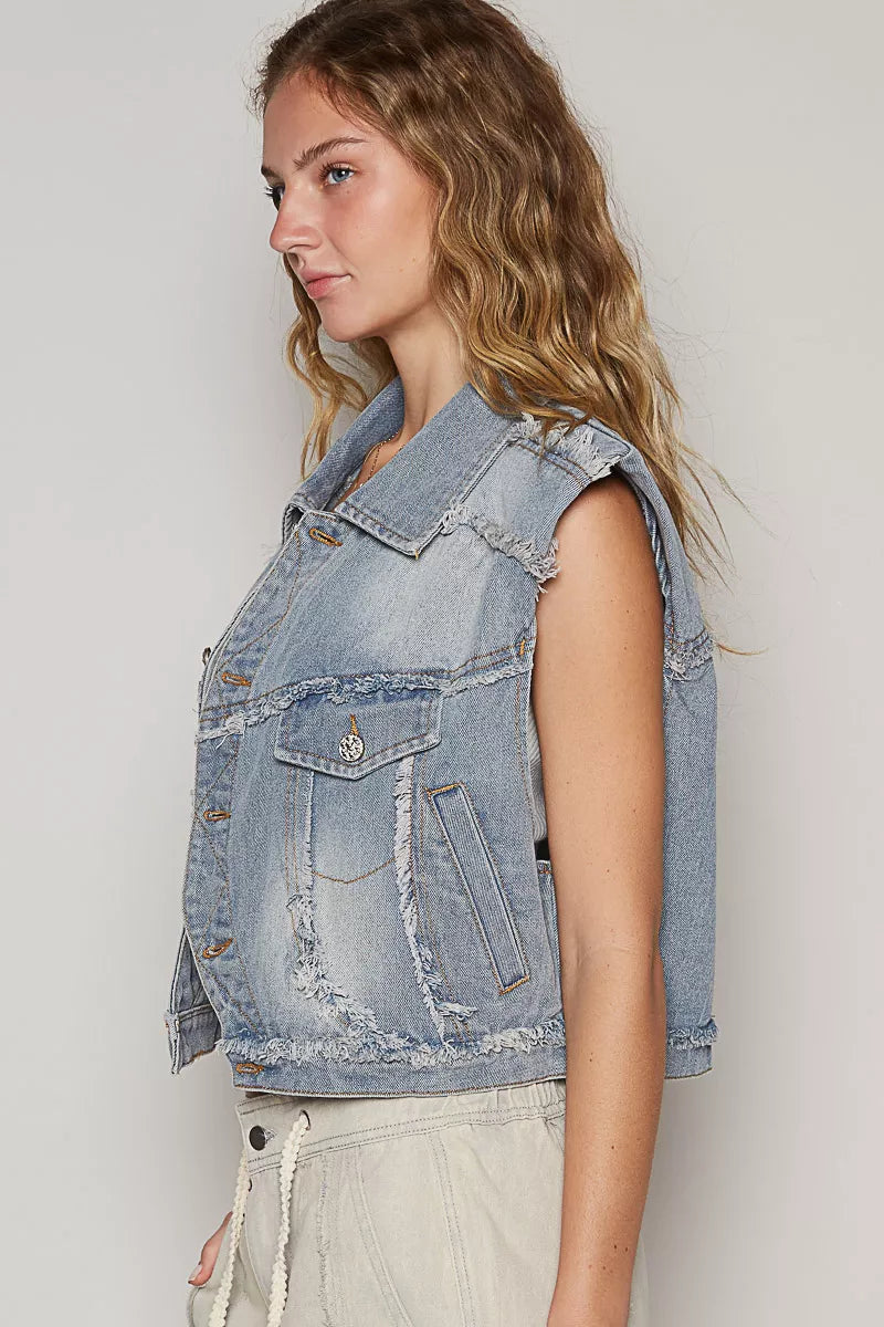 POL Assymetrical Front Closure Raw Hem Denim Vest