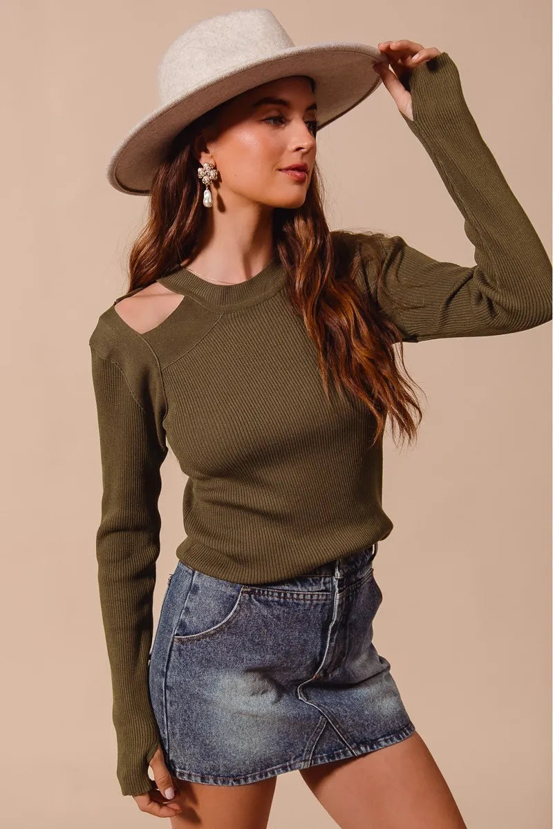 SO ME Rib Knit Top with Shoulder Cut Out