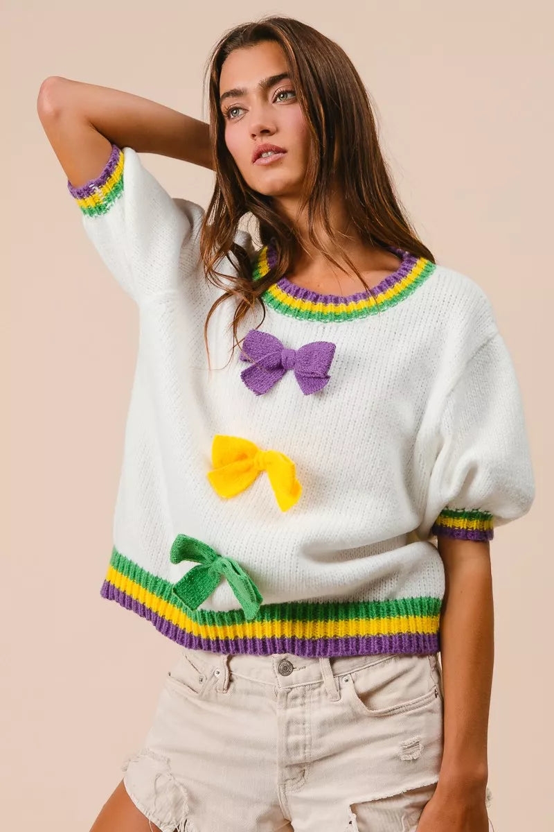 BiBi Short Puff Sleeve Ribbon Bow Mardi Gras Sweater