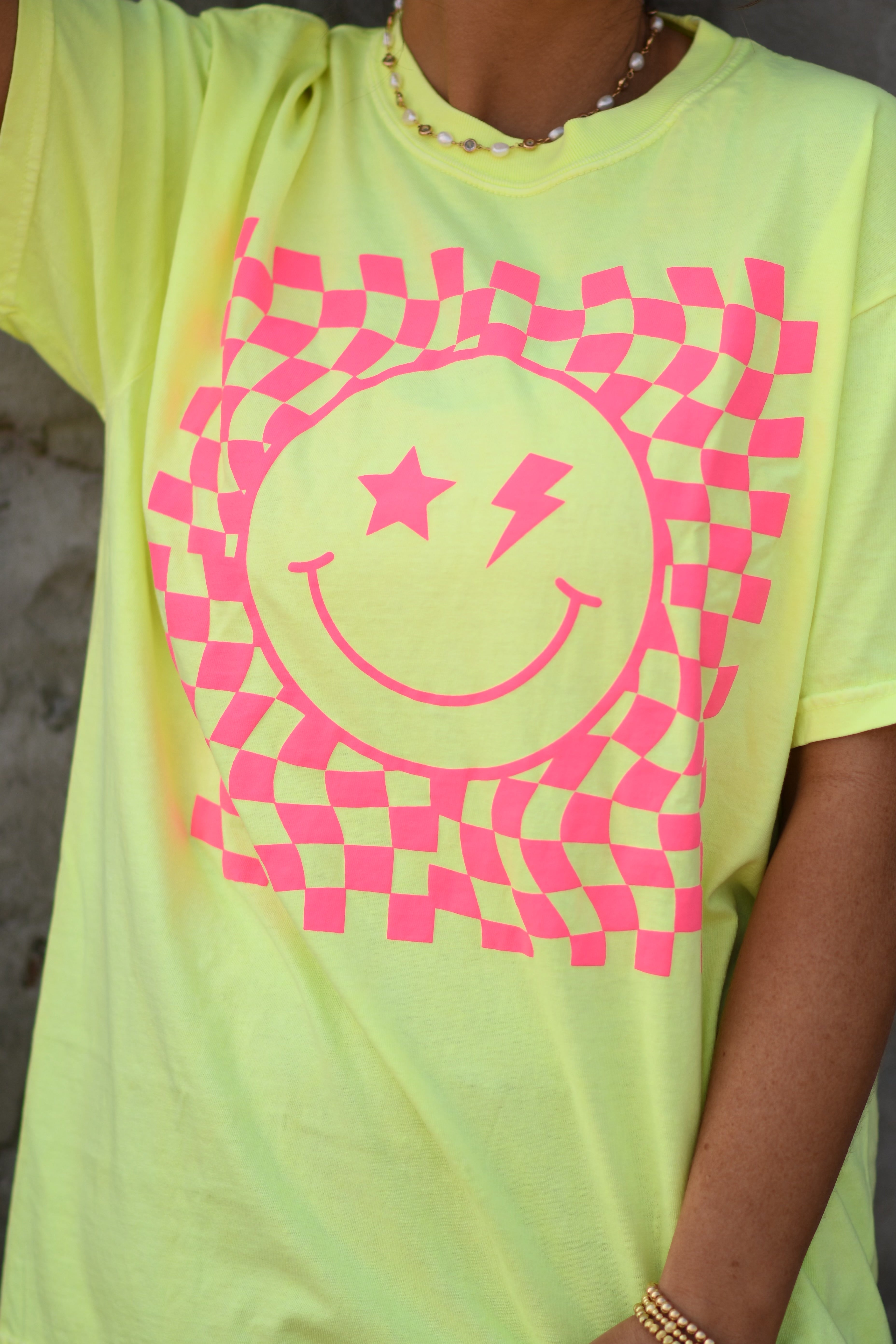 Neon Yellow Checkered Smiley Tee