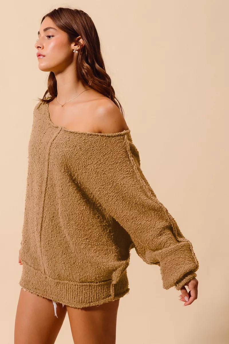 SO ME Loose Fit Exposed Seam Slouchy Boucle Sweater