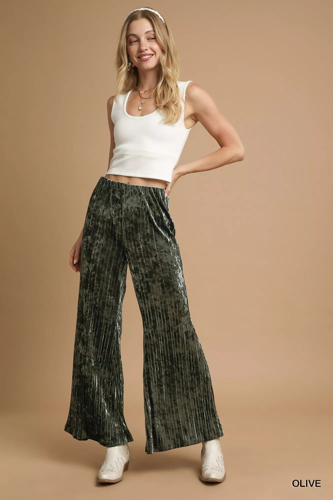 Umgee Velvet Pleated Wide Leg Pants