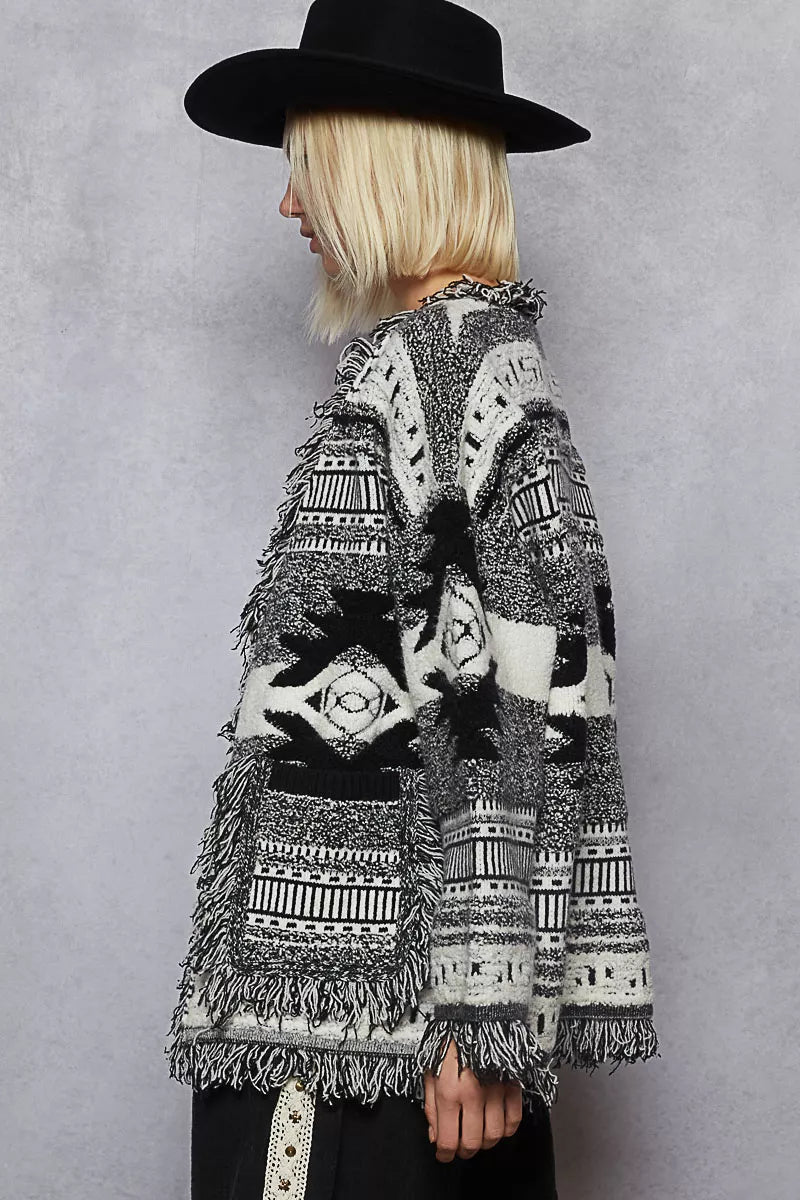 POL Open Front Geometric Print Cardigan with Fringe Detail