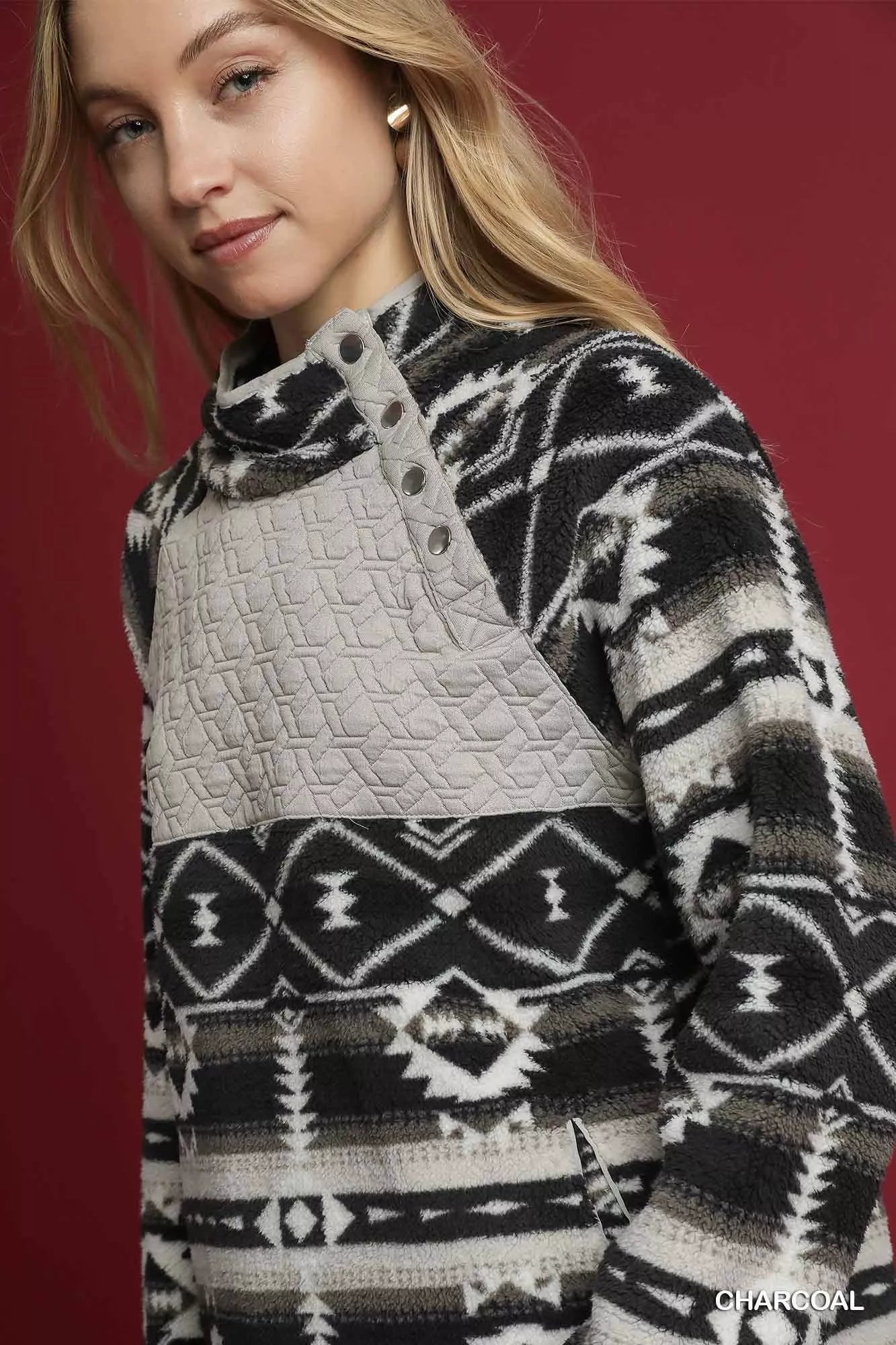 Umgee Aztec Print Sherpa Pullover