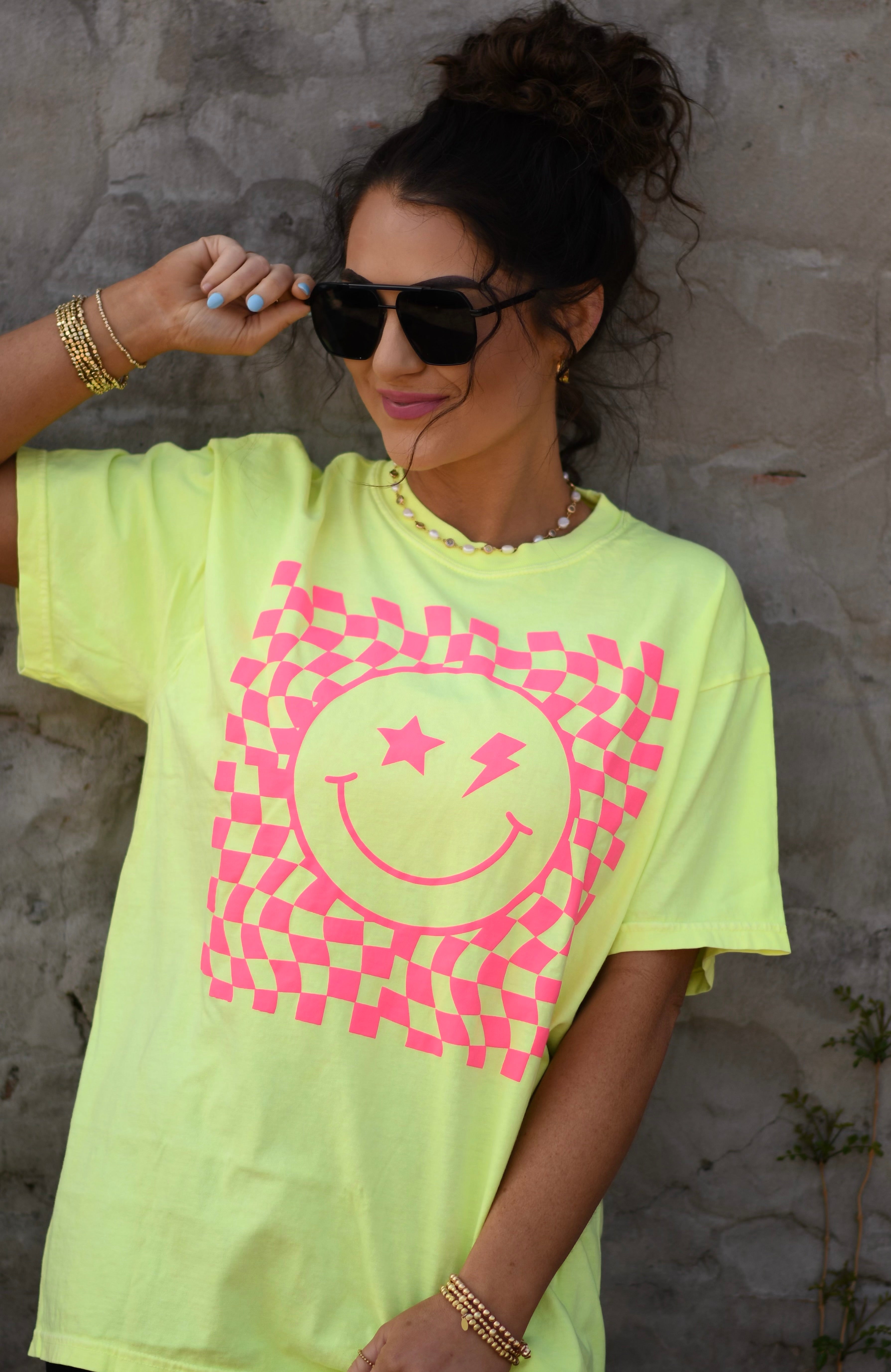 Neon Yellow Checkered Smiley Tee