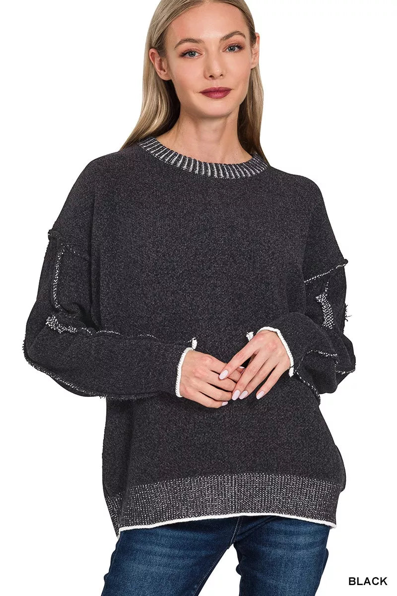 Zenana Exposed Seam Round Neck Two-Tone Sweater
