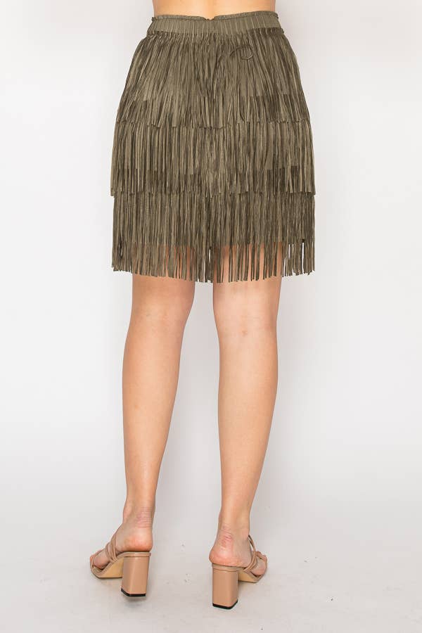 Olive Knee Length Layered Fringe Tiered Skirt