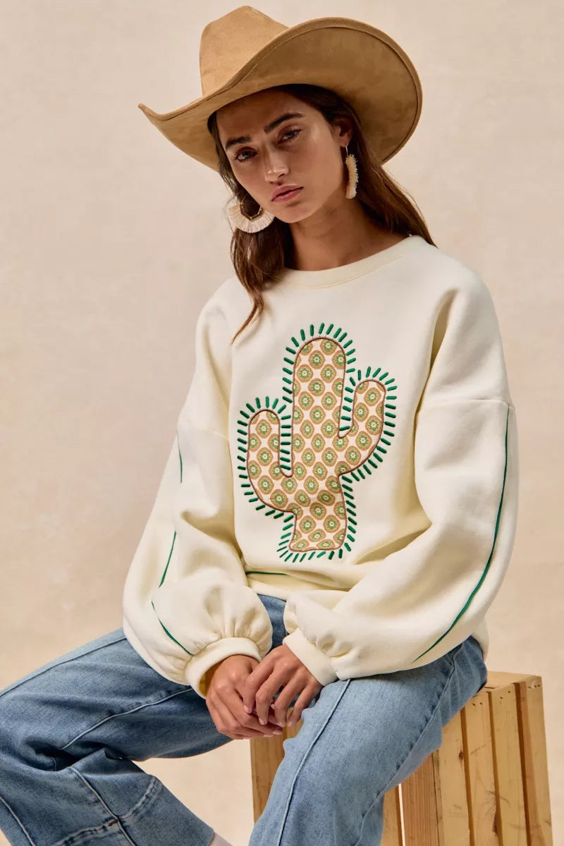 BiBi Cactus Embroidered Fleece Sweatshirt