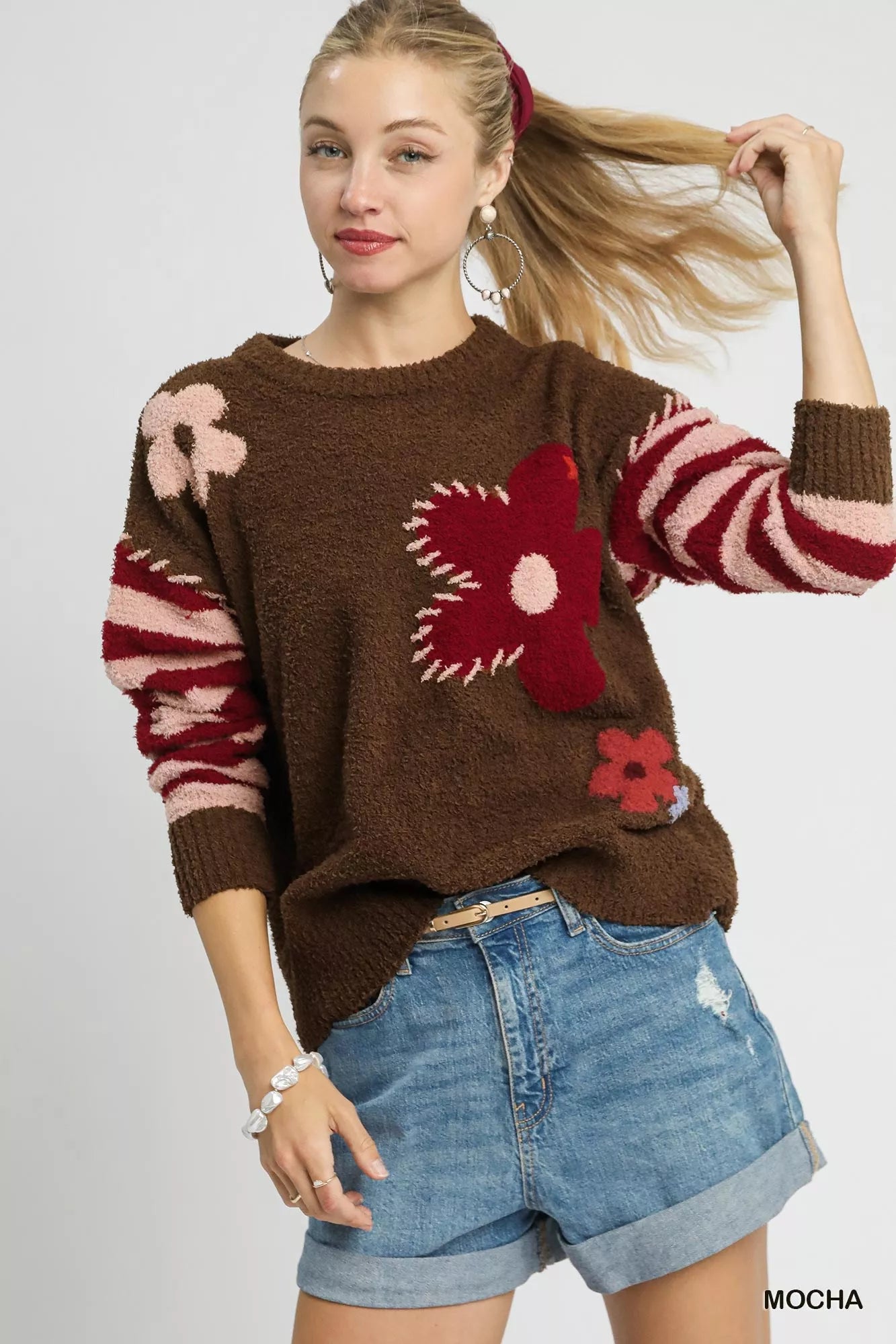 Umgee Flower Jacquard Striped Long Sleeve Sweater