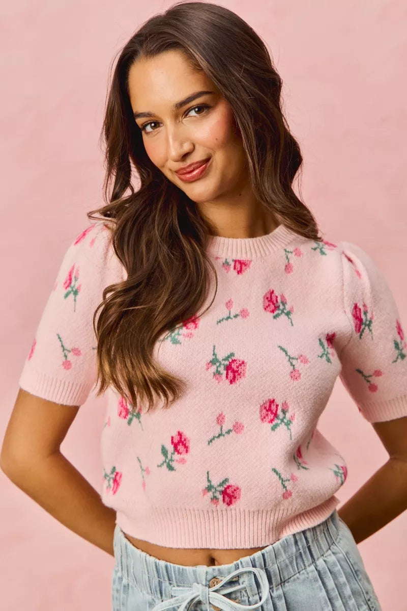 SO ME Floral Pattern Knit Puff Sleeves Sweater Top