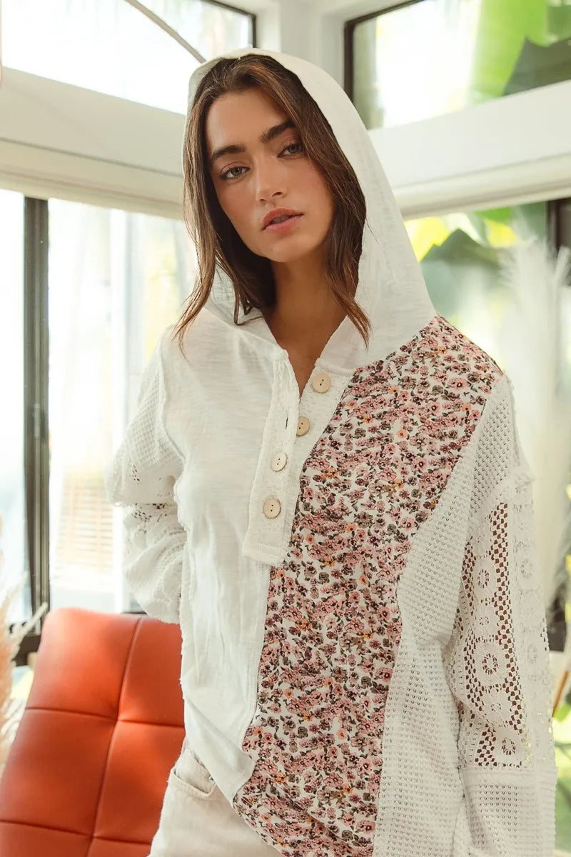 BiBi Slub Jersey with Lace Combo Buttoned Hoodie Top