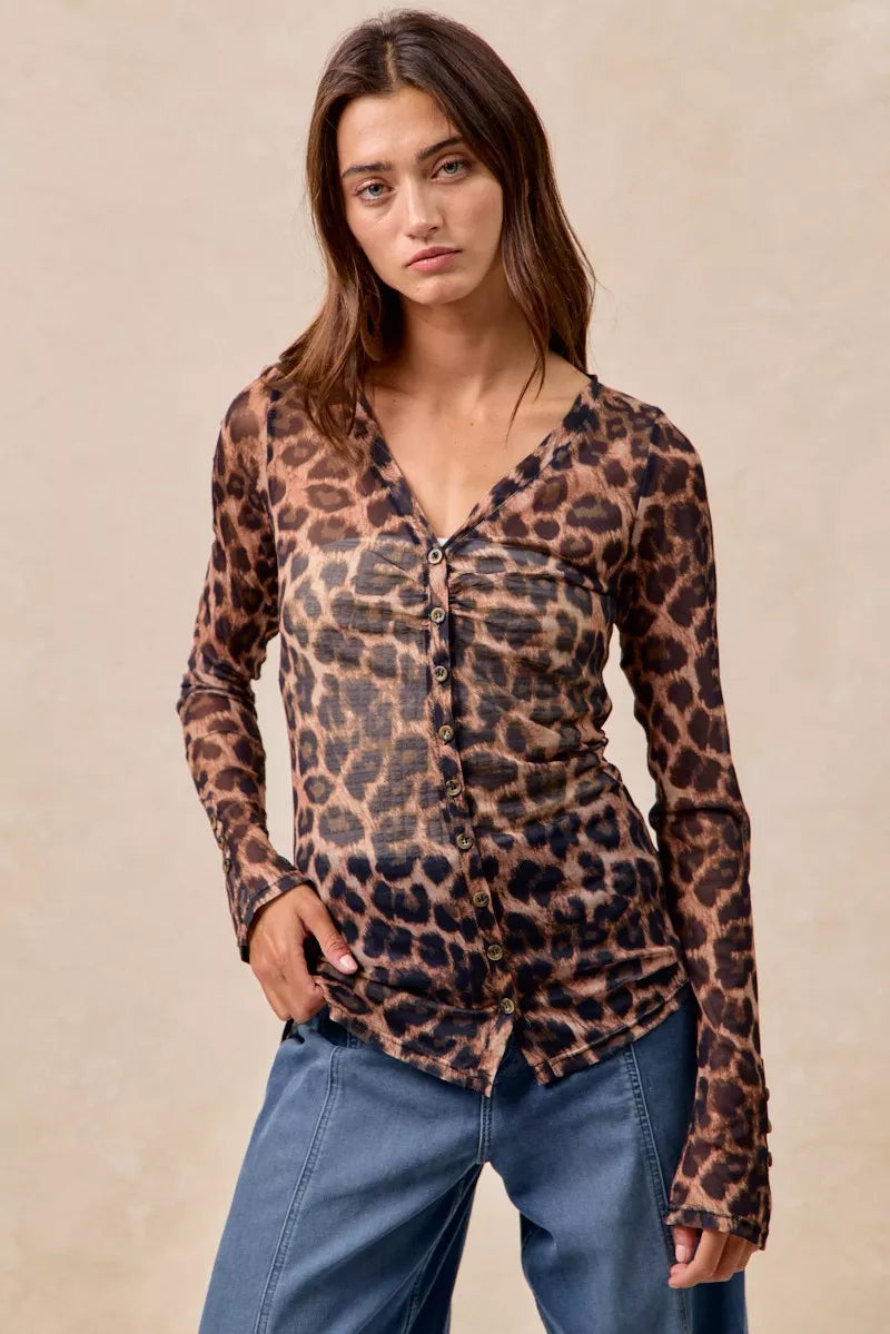 BiBi Leopard Printed Mesh Shirt With Button Up V Neck