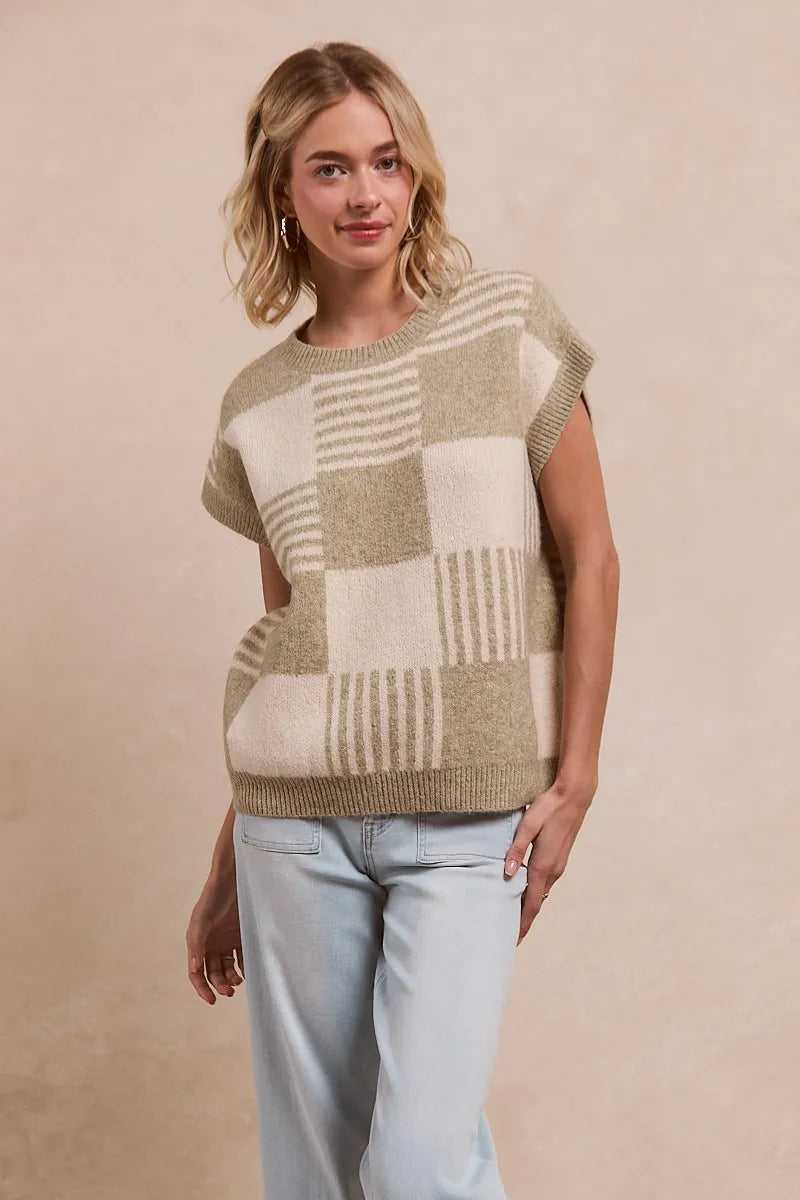 BiBi Checker With Stripes Pattern Sleeveless Sweater