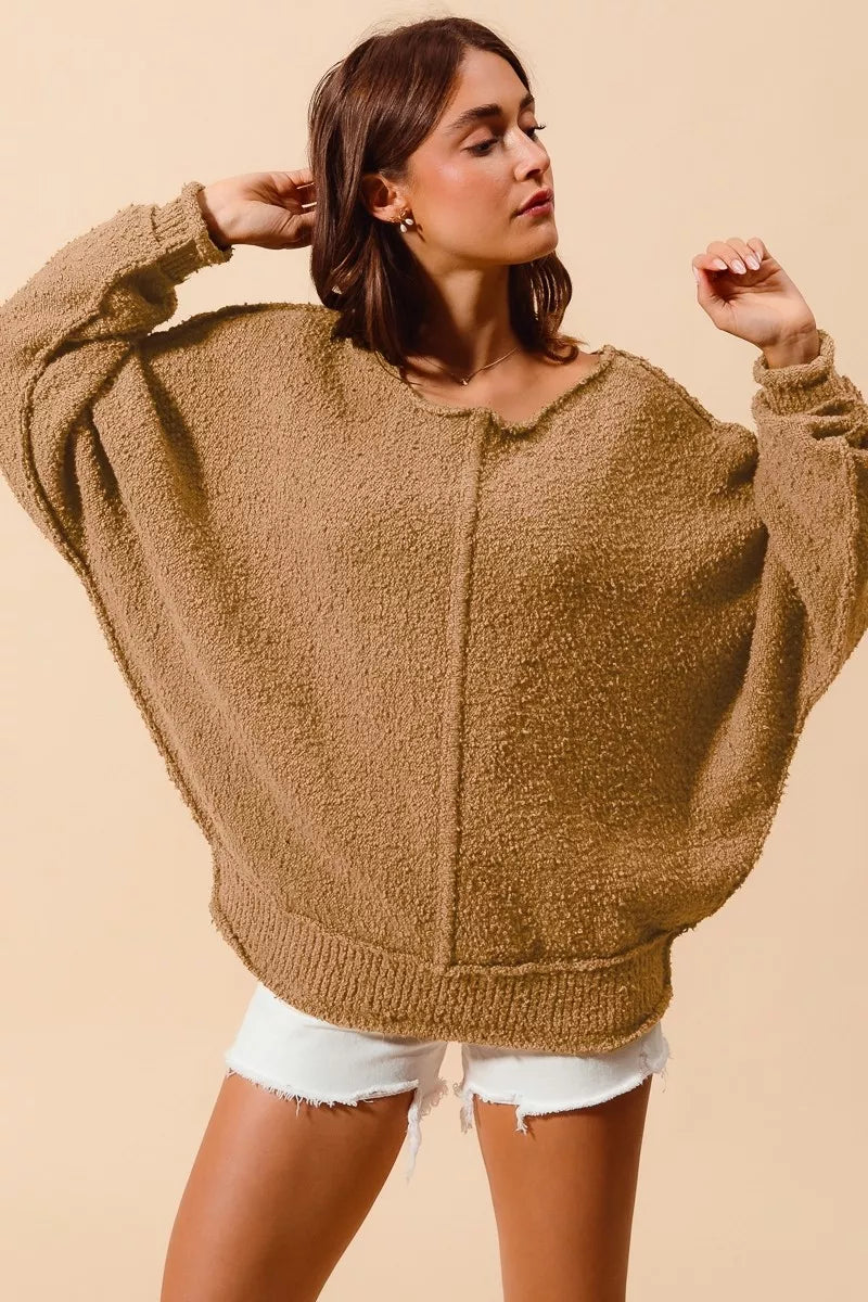 SO ME Loose Fit Exposed Seam Slouchy Boucle Sweater