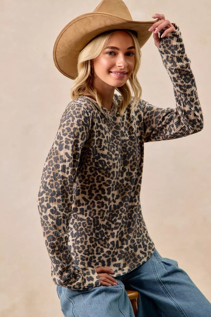 BiBi Leopard Print Washed Waffle Thermal Top with Thumb
