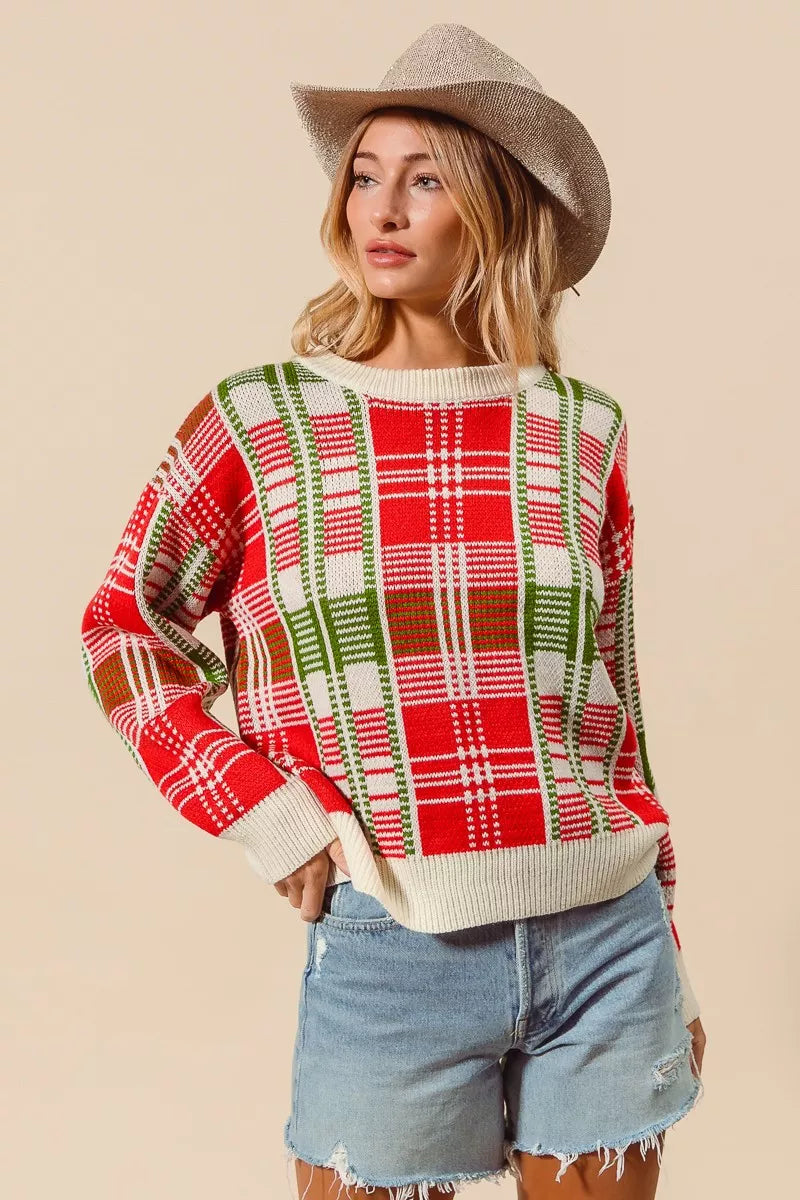 SO ME Christmas Color Checkered Plaid Crew Neck Sweater