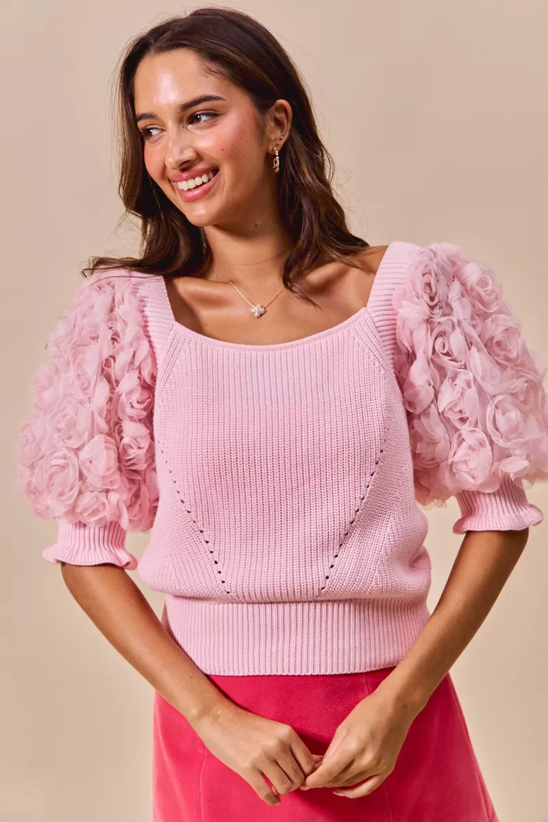SO ME Rosette Sleeves Square Neck Sweater Knit Top